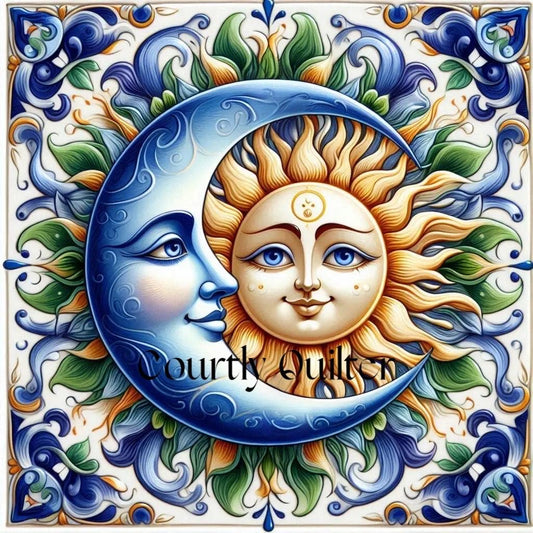Courtly Quilter decorative design with sun and moon faces surrounded by floral patterns.