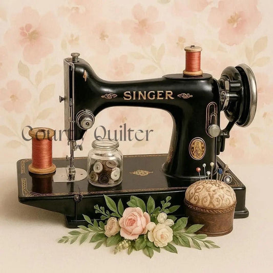 Courtly Quilter black Singer Featherweight, spool of thread, jar of buttons, pin cushion, pale peach background