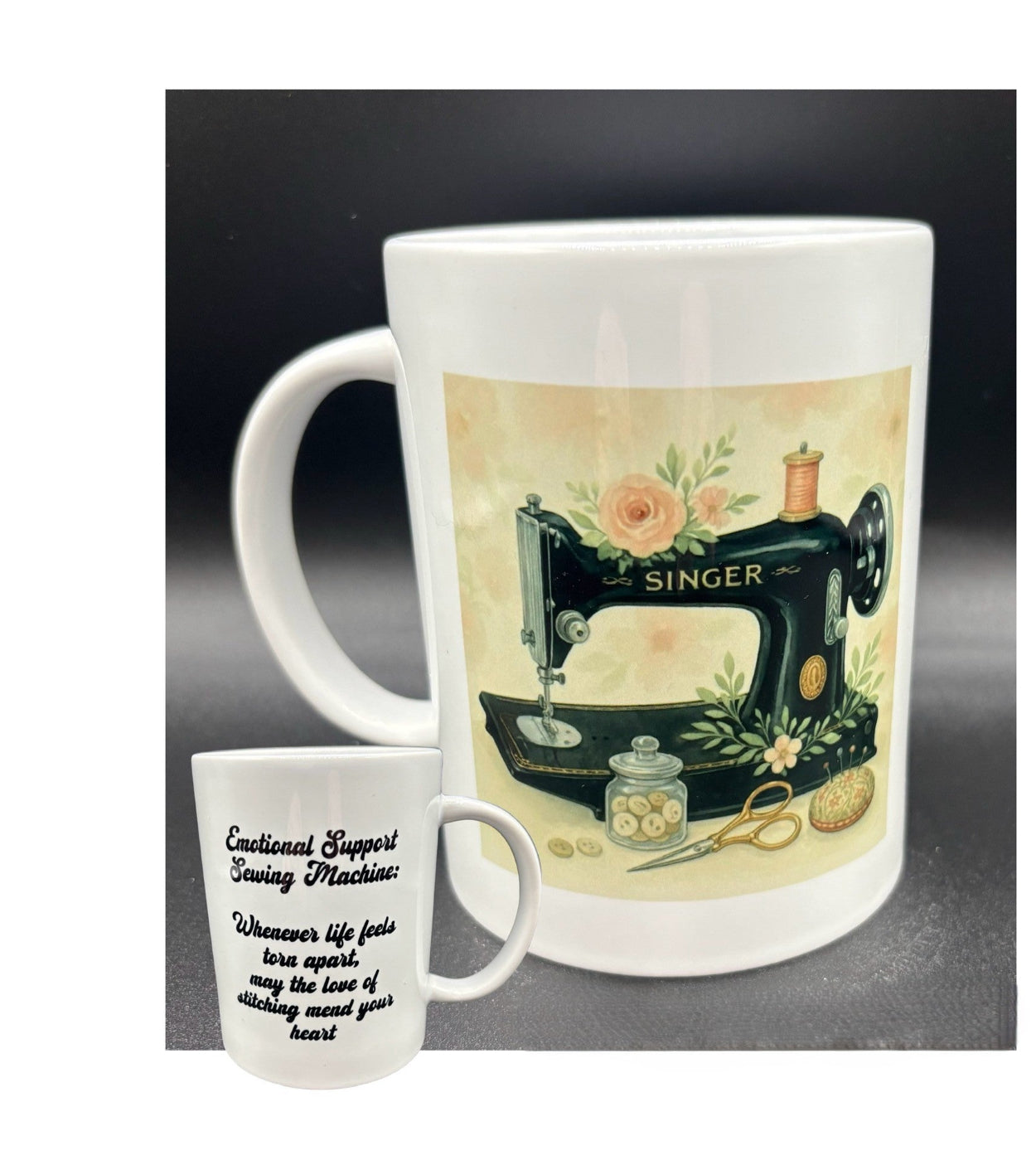 Ceramic mug with vintage Singer featherweight sewing machine on a peach floral background with text, "Emotional support sewing machine..." Courtly Quilter
