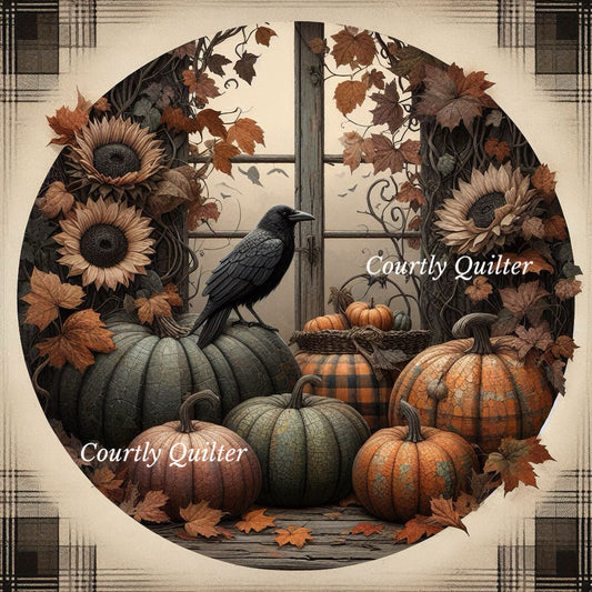 Autumn pumpkins, sunflowers, orange leaves, a black raven, and a rustic window, plaid border background.