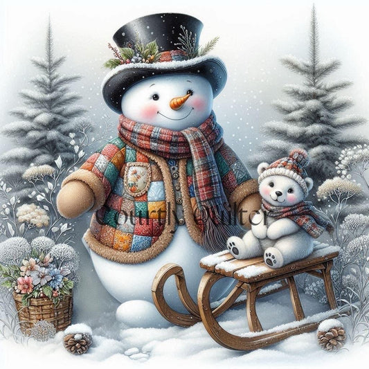 Courtly Quilter snowman with patchwork jacket and a small bear on a sled in a snowy landscape