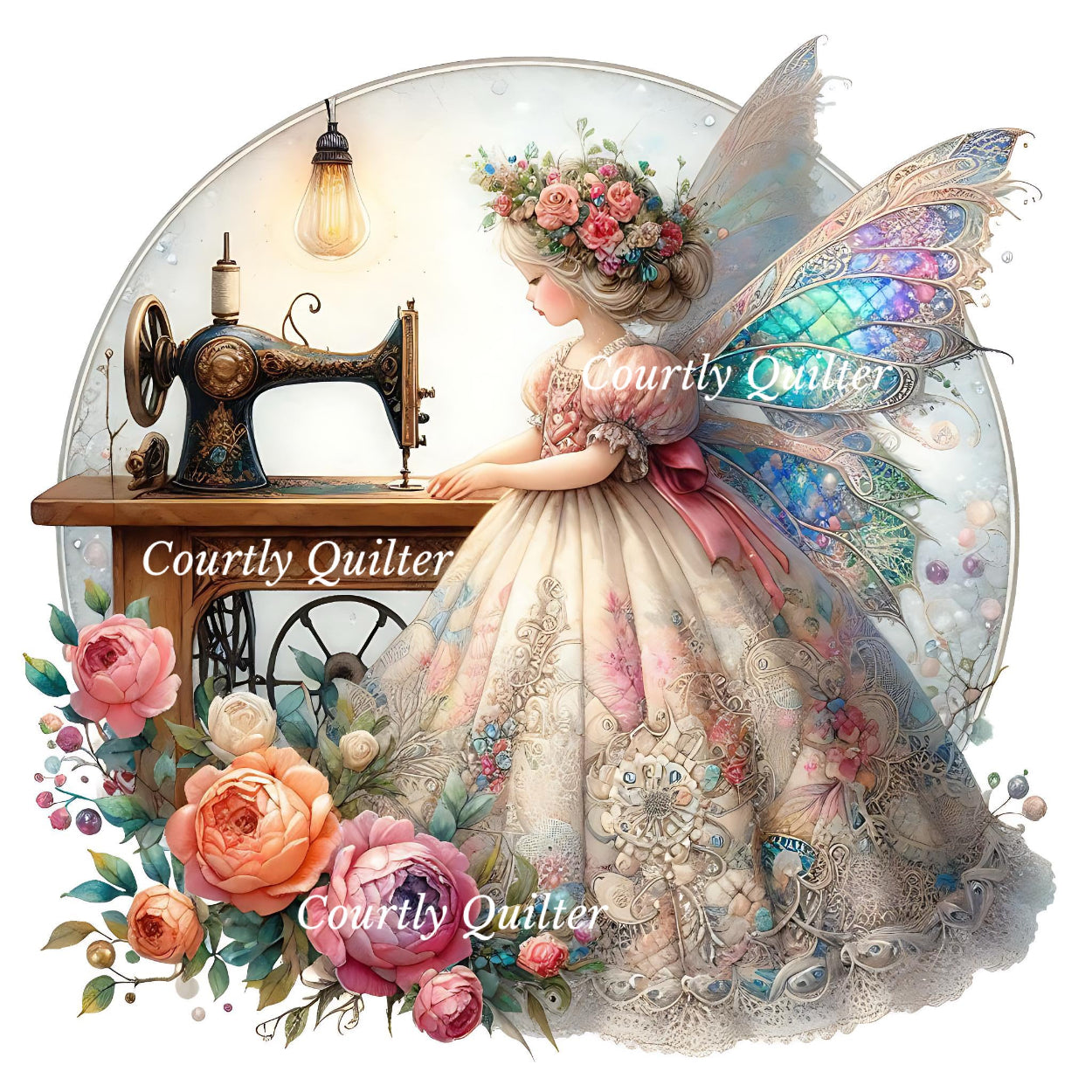 A whimsical sewing fairy with pastel wings and a floral dress beside an antique sewing machine, surrounded by roses. Courtly Quilter