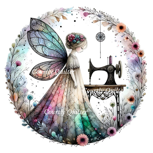 A whimsical sewing fairy with patterned wings, a floral crown, and a long flowing gown, standing beside a vintage sewing machine, framed by pastel flowers and leaves on a white background. Courtly Quilter