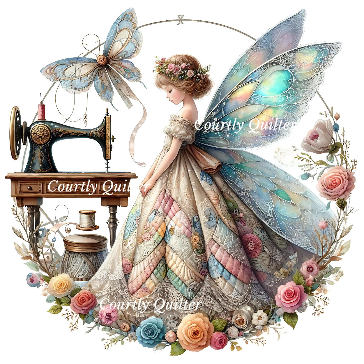 A whimsical sewing fairy with large iridescent wings stands beside a vintage sewing machine surrounded by floral decorations on a white background. Courtly Quiter