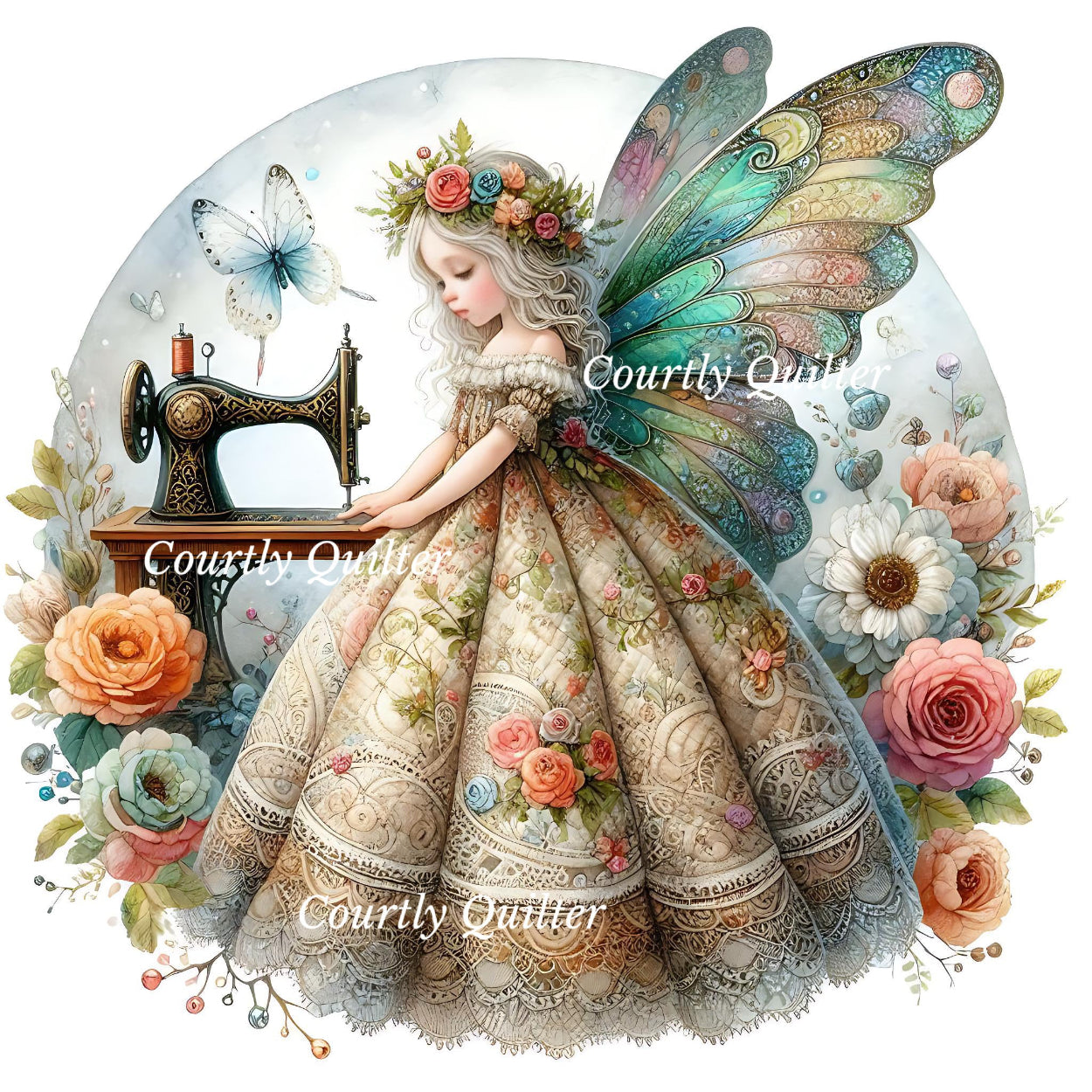 A whimsical sewing fairy with large iridescent wings, a floral dress, roses, butterflies, and a vintage sewing machine on a white background. Courtly Quilter