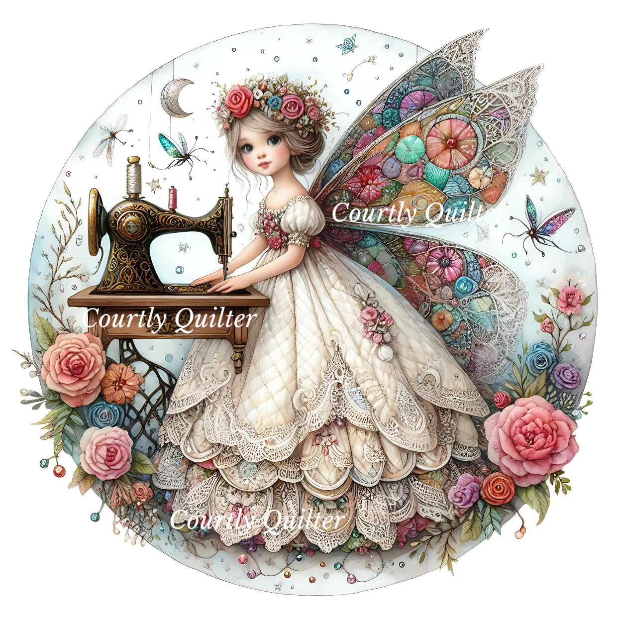 A sewing fairy in a cream lace dress sitting at a sewing machine, surrounded by flowers, butterflies, stars, and decorative motifs. Courtly Quilter