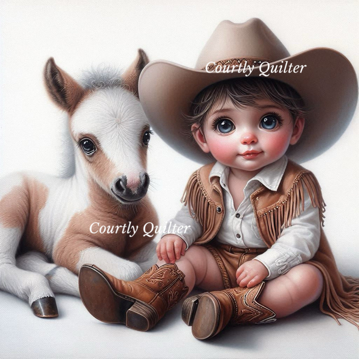 Blue eyed child in buckskin fringed cowboy attire sitting next to a horse,
Courtly Quilter 