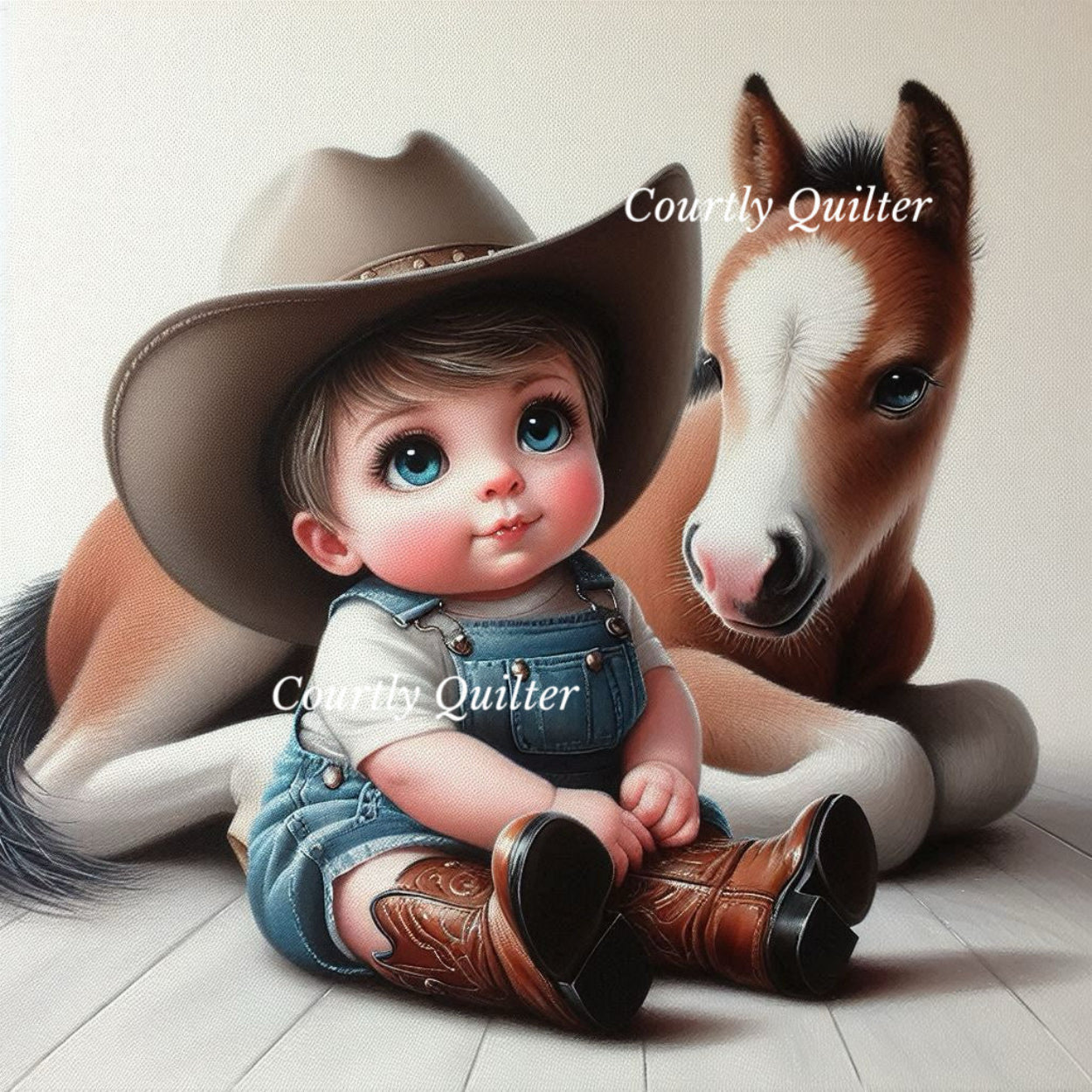 Blue eyed baby boy in cowboy attire with a horse on a light background, Courtly Quilter