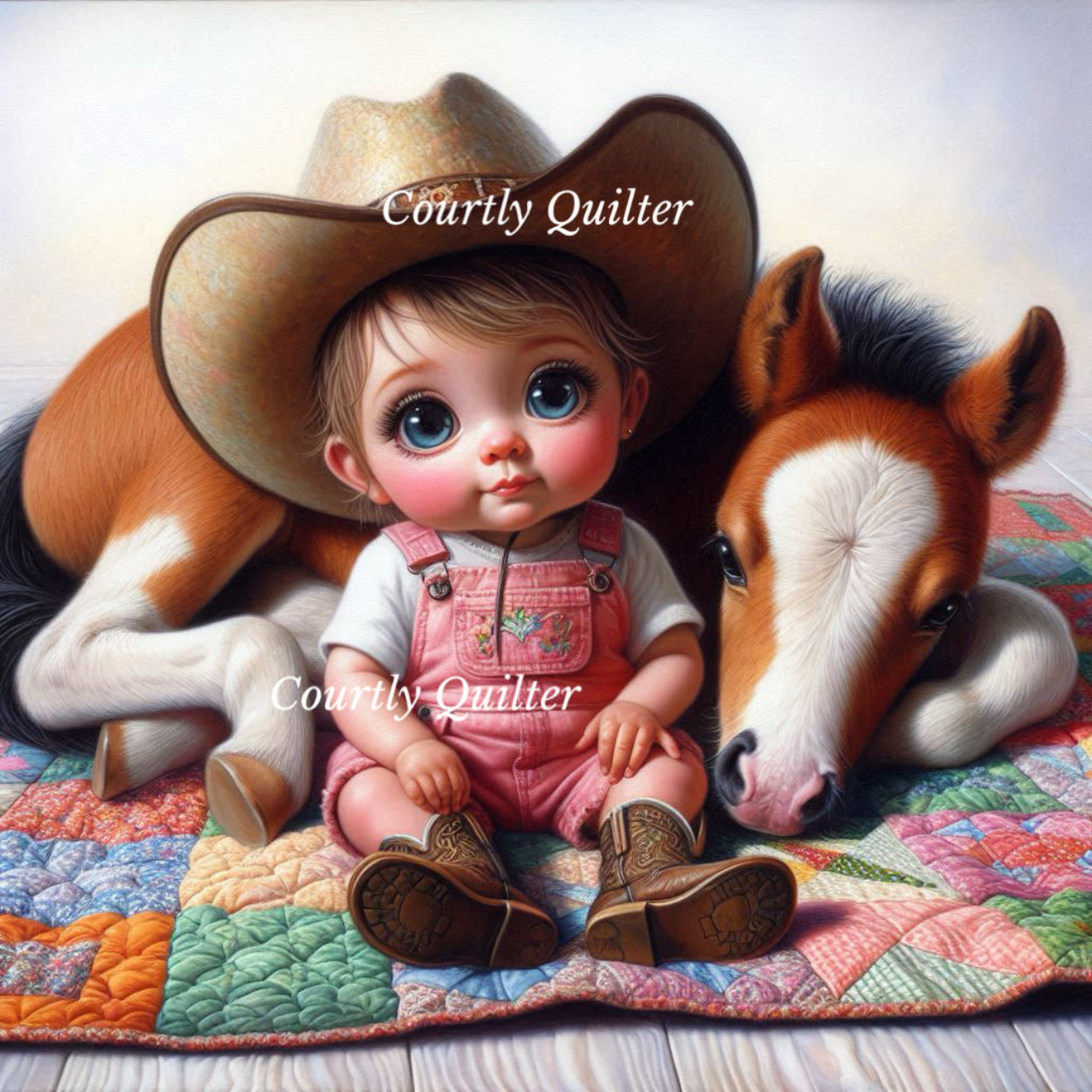 Girl child in a cowboy hat and pink denim overall shorts with a horse on a colorful quilt, Courtly Quilter