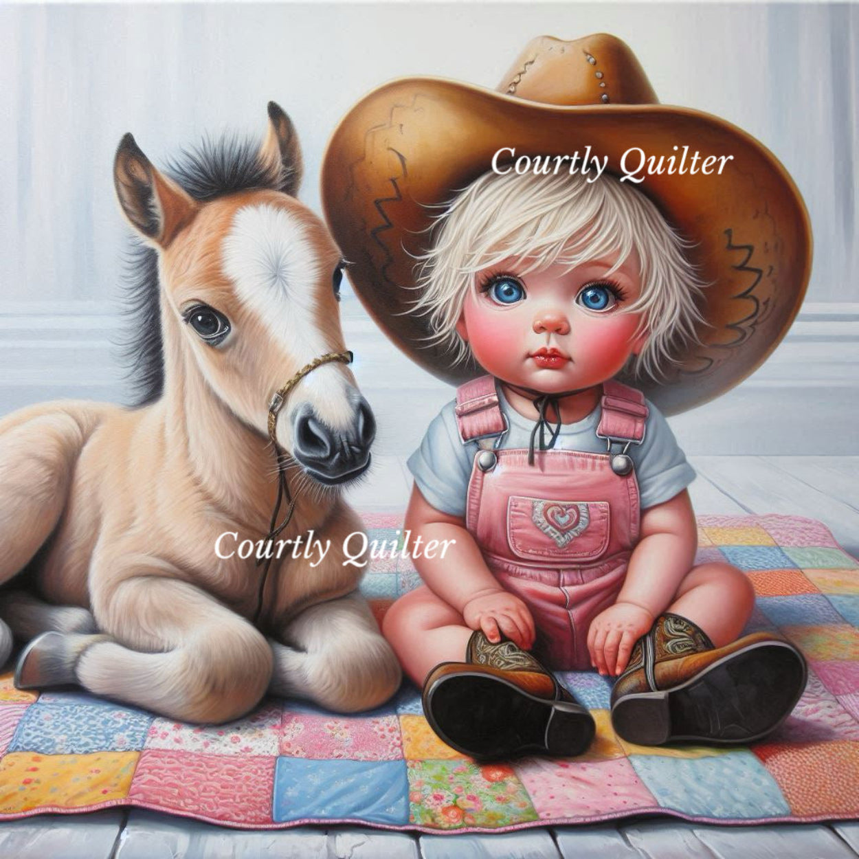 Blonde, blue eyed girl child in pink overalls and cowboy hat with a horse on a quilt, Courtly Quilter