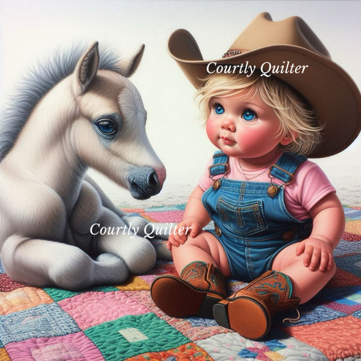 Blonde child in cowboy attire with a horse on a quilt, Courtly Quilter