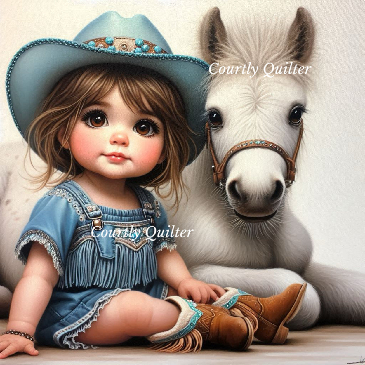 Brunette girl child in a cowboy outfit with a white horse, Courtly Quilter