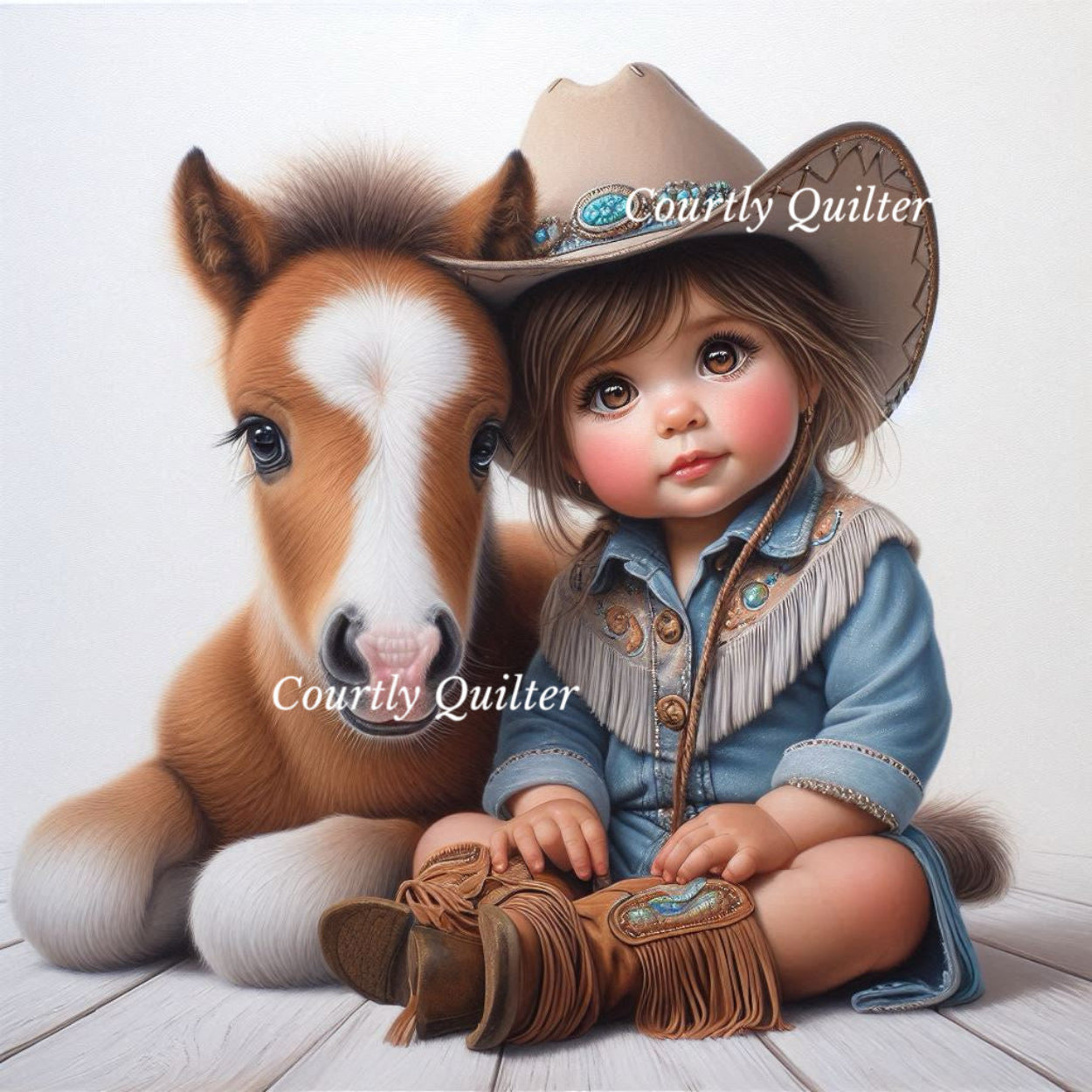 Brown eyed girl child in denim cowboy attire sitting next to a horse, Courtly Quilter