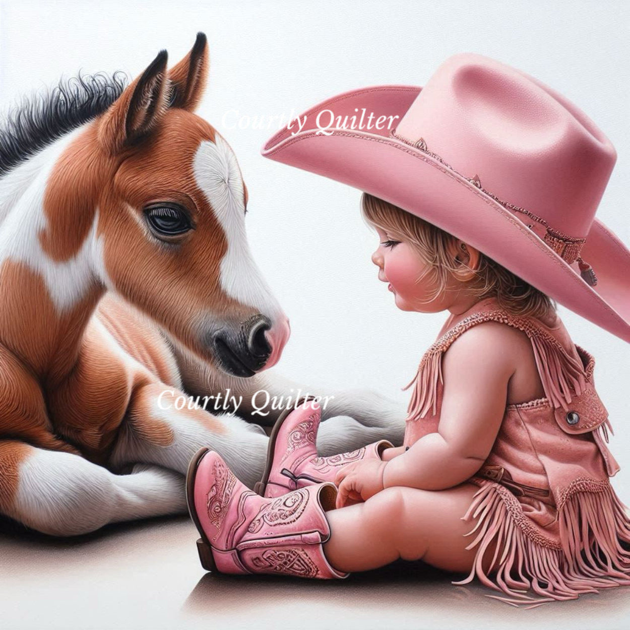 Child in pink cowboy hat, boots, and fringed outfit sitting next to a horse,
 Courtly Quilter 