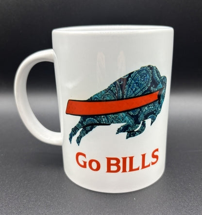 Ceramic mug with a blue paisley design of a buffalo and 'Go Bills' text, Buffalo Bills, Courtly Quilter
