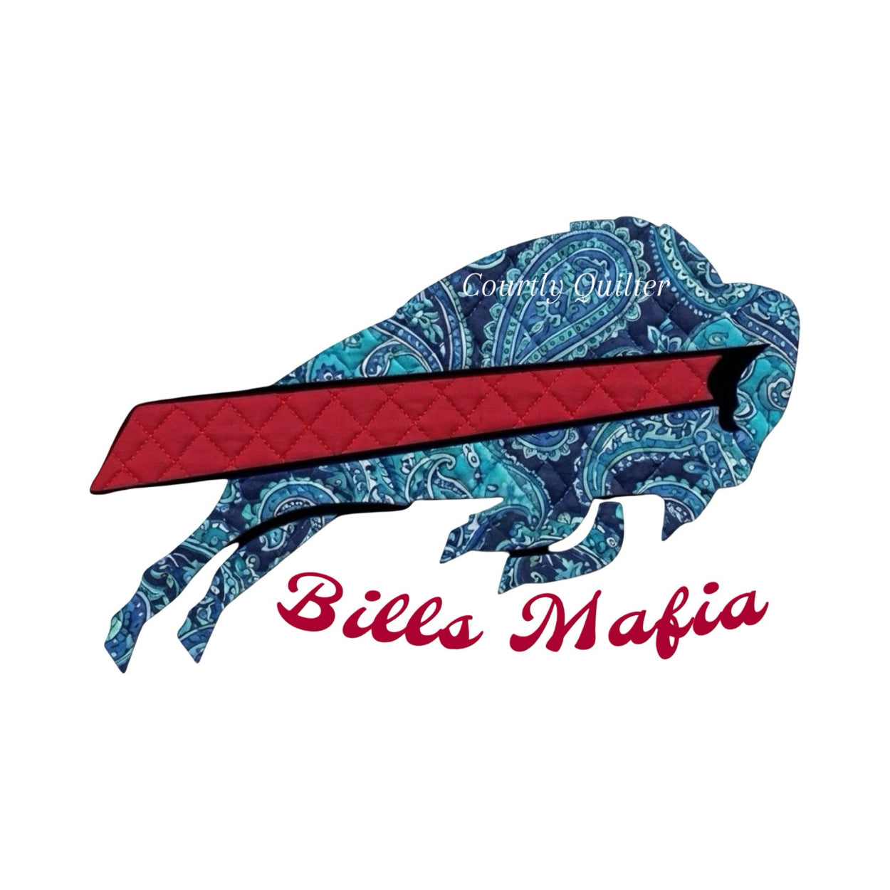 Fabric block of a light and dark blue paisley buffalo and 'Bills Mafia' text, Buffalo Bills, Courtly Quilter