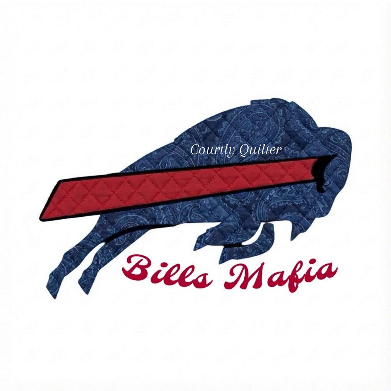 Fabric block of a dark blue paisley buffalo with 'Bills Mafia' text, Buffalo Bills, Courtly Quilter 