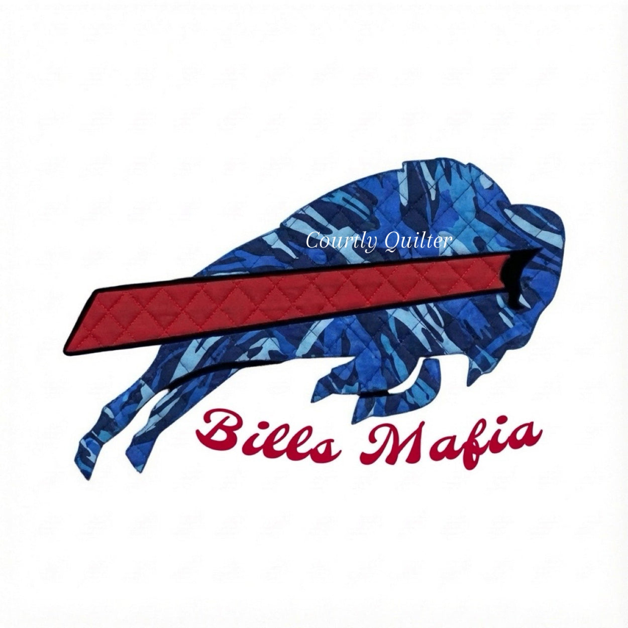 Fabric block of a multi blue color camo buffalo with 'Bills Mafia' text, Buffalo Bills, Courtly Quilter