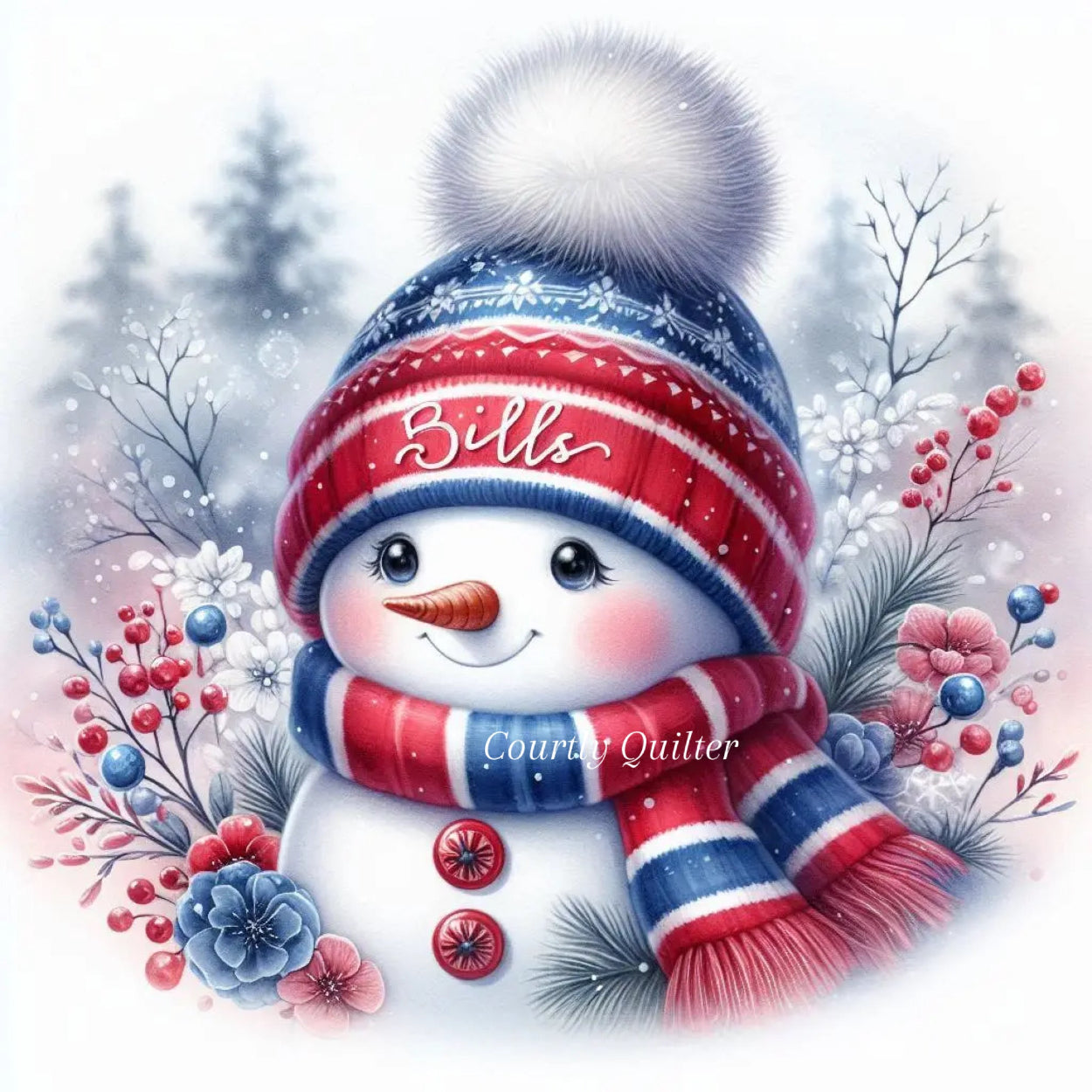 Fabric block, snowman wearing a red, white, and blue hat and scarf with floral and berry decorations, "Bills" text on hat, Bufalo Bills, Courtly Quilter