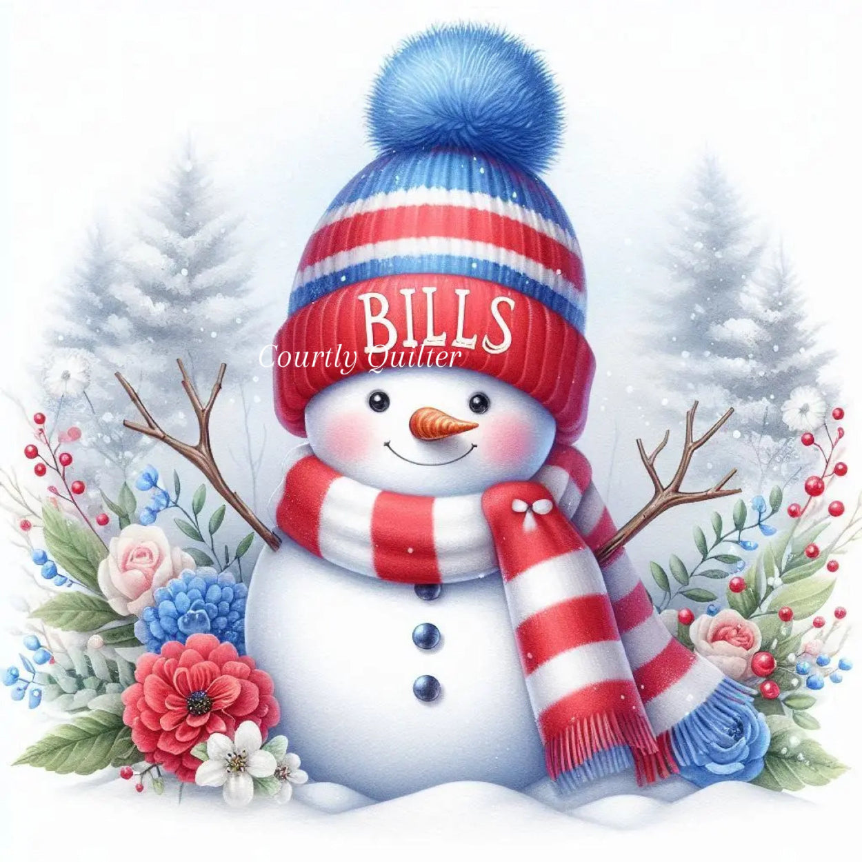 Fabric block of a snowman wearing a red and white striped hat with 'BILLS' text surrounded by flowers and branches, Buffalo Bills, Courtly Quilter