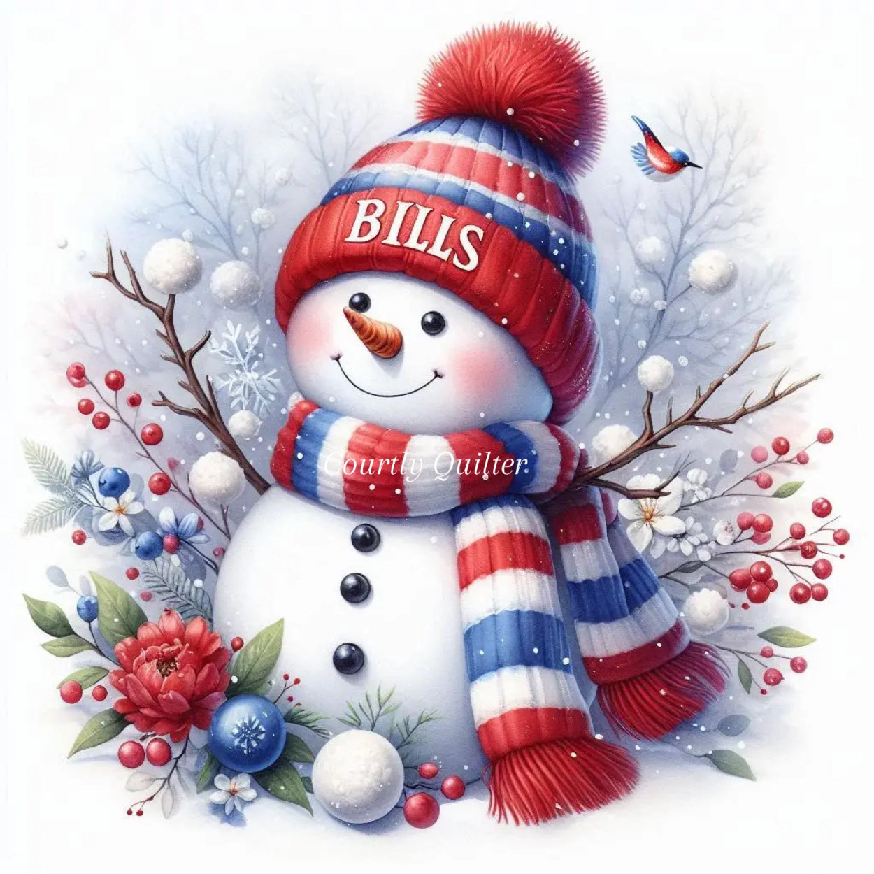 Fabric block of a snowman wearing a 'BILLS' hat with festive decorations on a white background, Buffalo Bills, Courtly Quilter