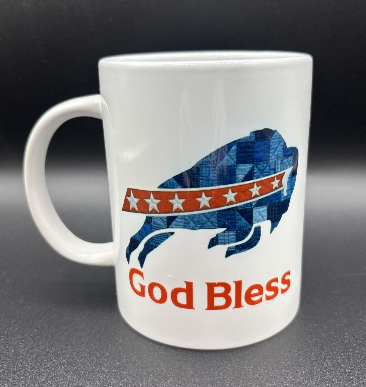 Ceramic mug with blue patchwork buffalo and 'God Bless' text, Buffalo Bills, Courtly Quilter
