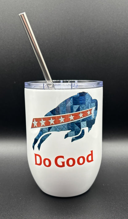 Drink cup with a blue patchwork buffalo and 'Do Good' text, Buffalo Bils, Courtly Quilter