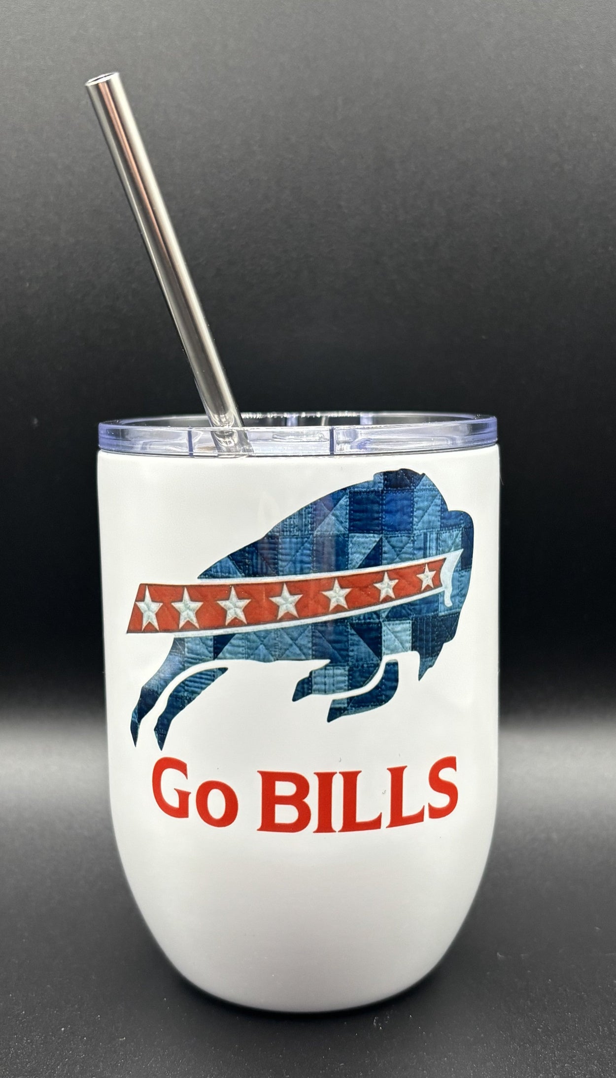 Drink cup with blue patchwork buffalo and 'Go Bills' text, Buffalo Bills, Courtly Quiter