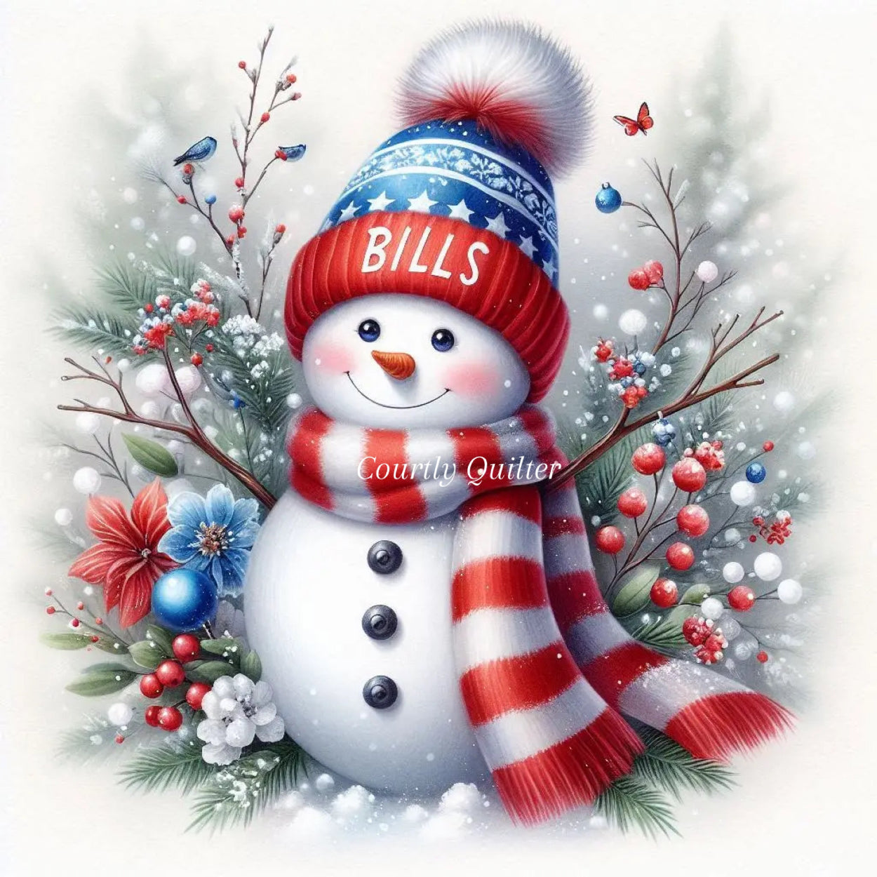 Fabric block of a snowman wearing a 'Bills' hat with festive decorations on a white background, Buffalo Bills, Courtly Quilter
