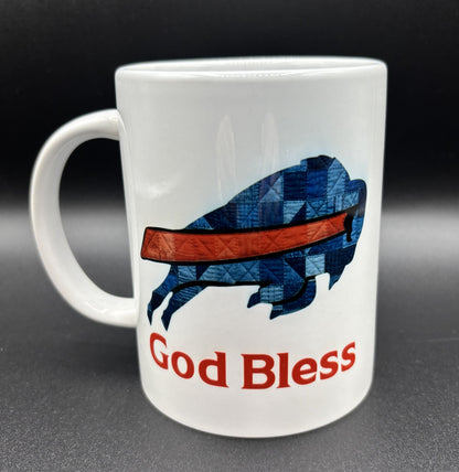 Ceramic mug with blue patchwork buffalo and 'God Bless' text, Buffalo Bils, Courtly Quilter