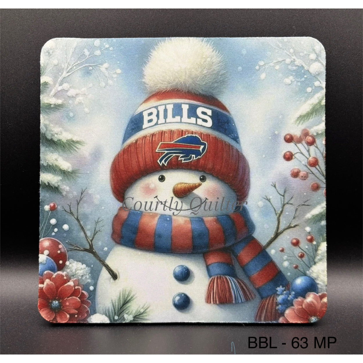 Mouse pad, snowman wearing a Buffalo Bills hat with a snowy background, Courtly Quilter