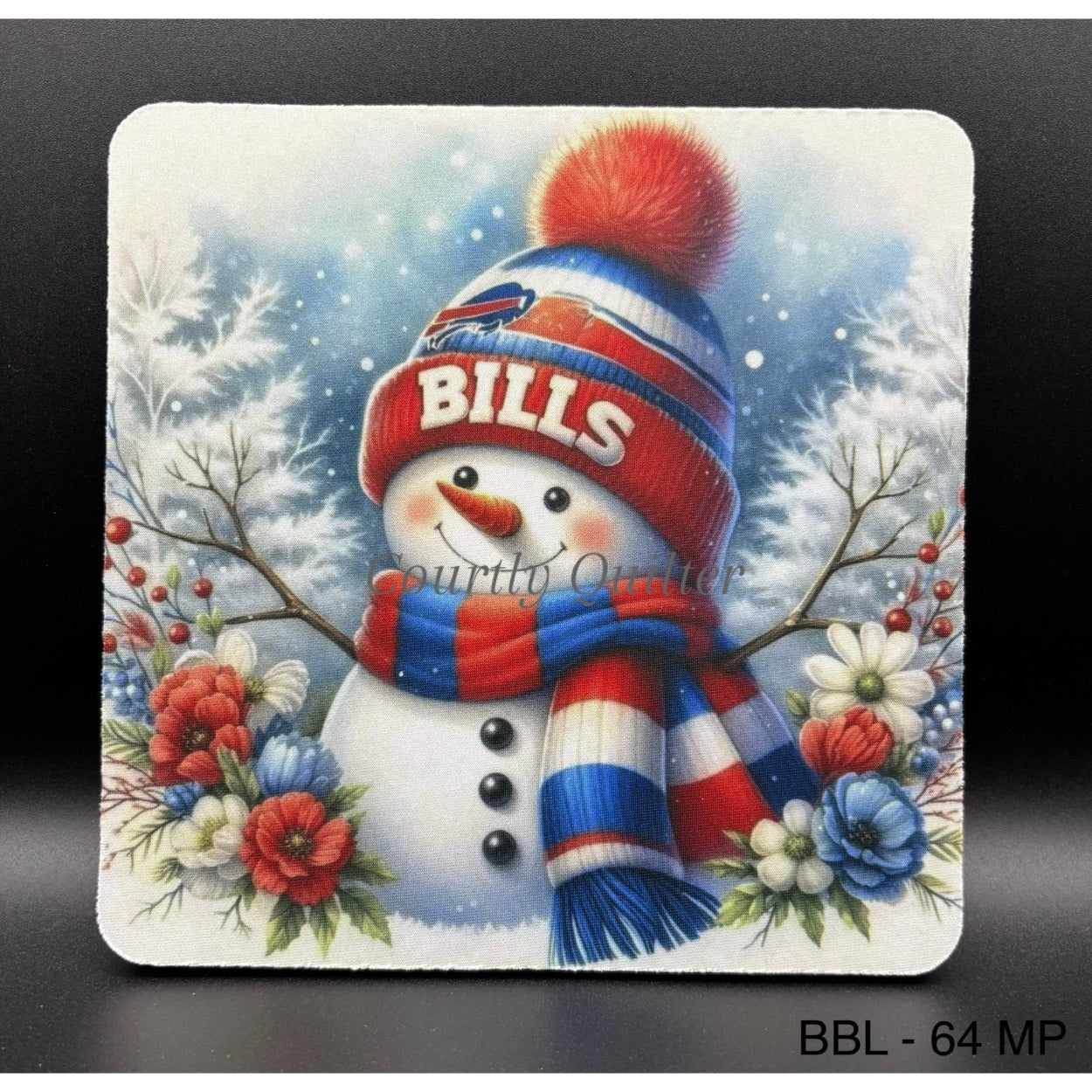 Mouse pad, snowman wearing a Buffalo Bills hat with a colorful scarf, surrounded by flowers, Courtly Quilter