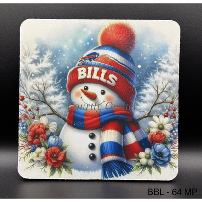 Mouse pad, snowman wearing a Buffalo Bills hat with a colorful scarf, surrounded by flowers, Courtly Quilter