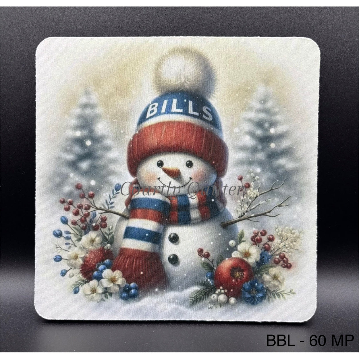 Mouse pad, snowman wearing a Buffalo Bills hat with snow covered evergreens background, Courtly Quilter