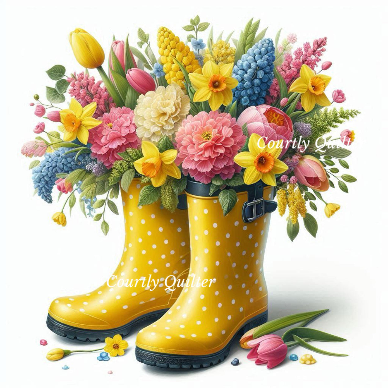 Yellow polka dot Wellie rain boots filled with colorful flowers on a white background, Courtly Quilter