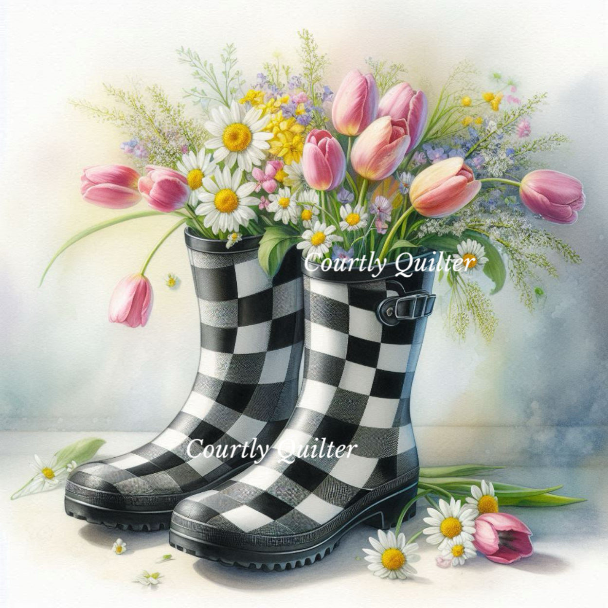 Black & white checkered Wellie rain boots with a bouquet of flowers on a light background, Courtly Quilter 