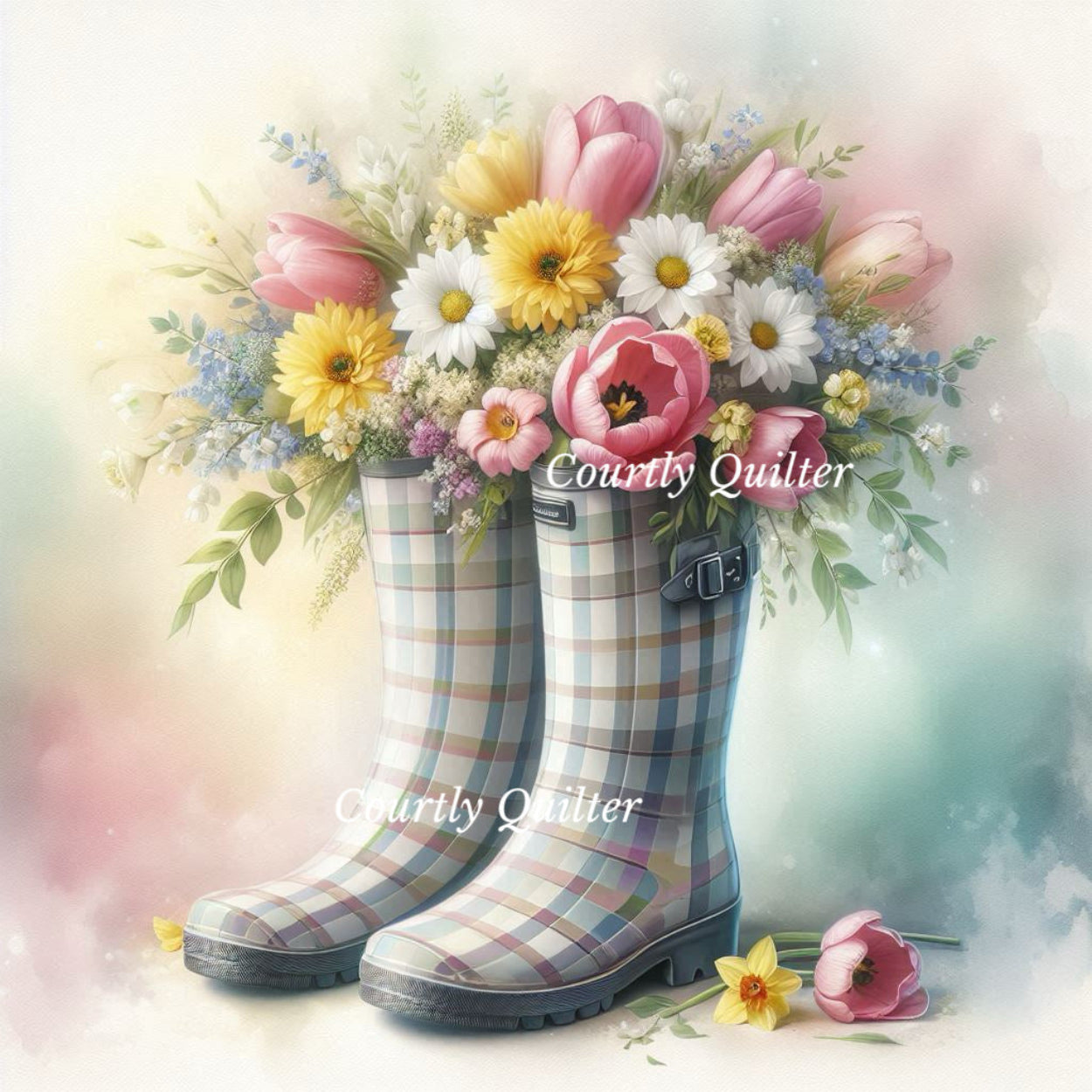 Gray plaid Wellie rain boots with a bouquet of flowers, Courtly Quilter