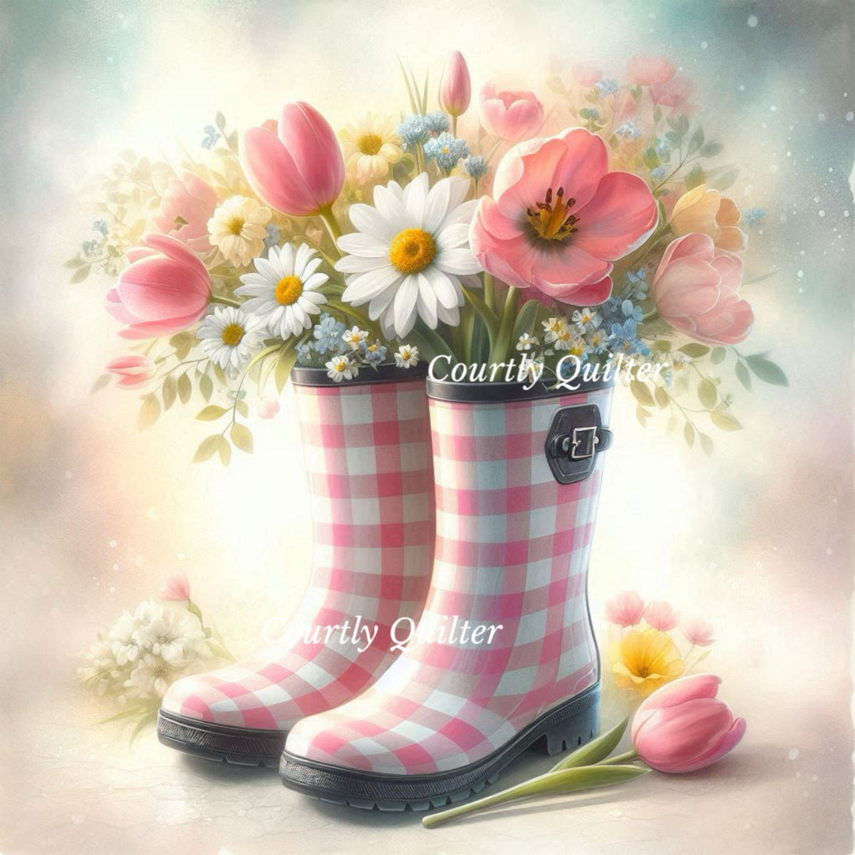 Pink checkered Wellie rain boots with a bouquet of flowers on a soft background, Courtly Quilter