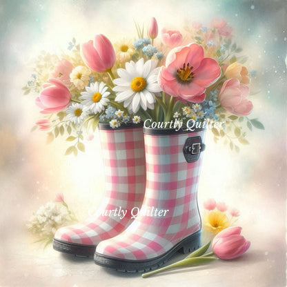 Pink checkered Wellie rain boots with a bouquet of flowers on a soft background, Courtly Quilter