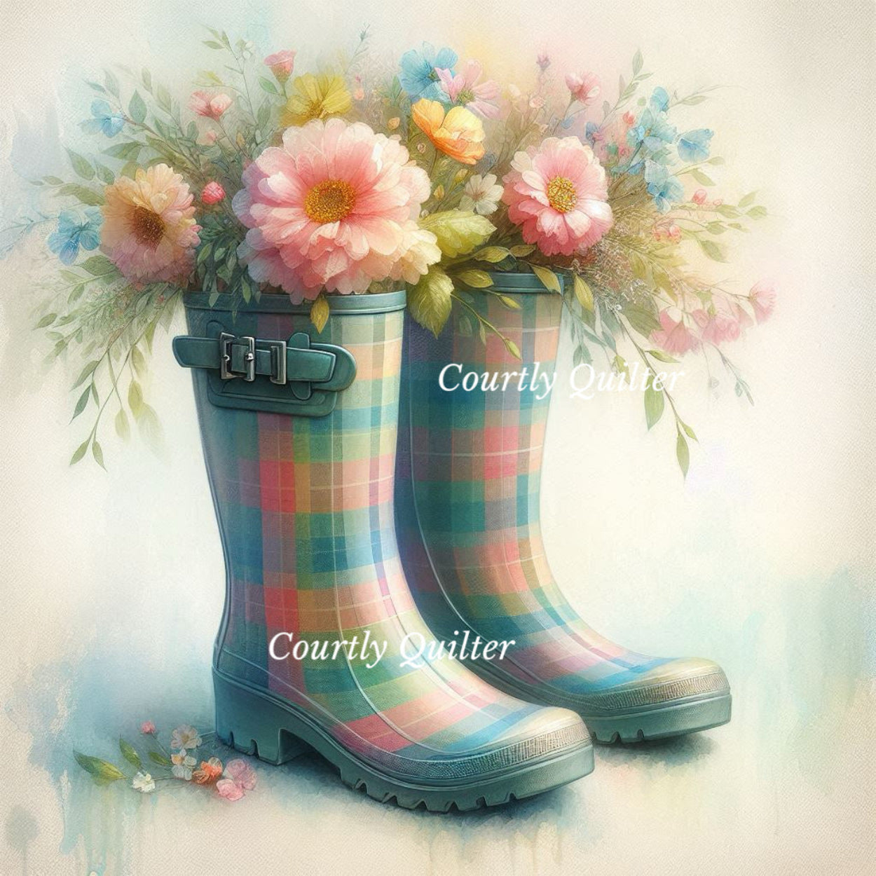 Pastel plaid Wellie rain boots with flowers on a light background, Courtly Quilter