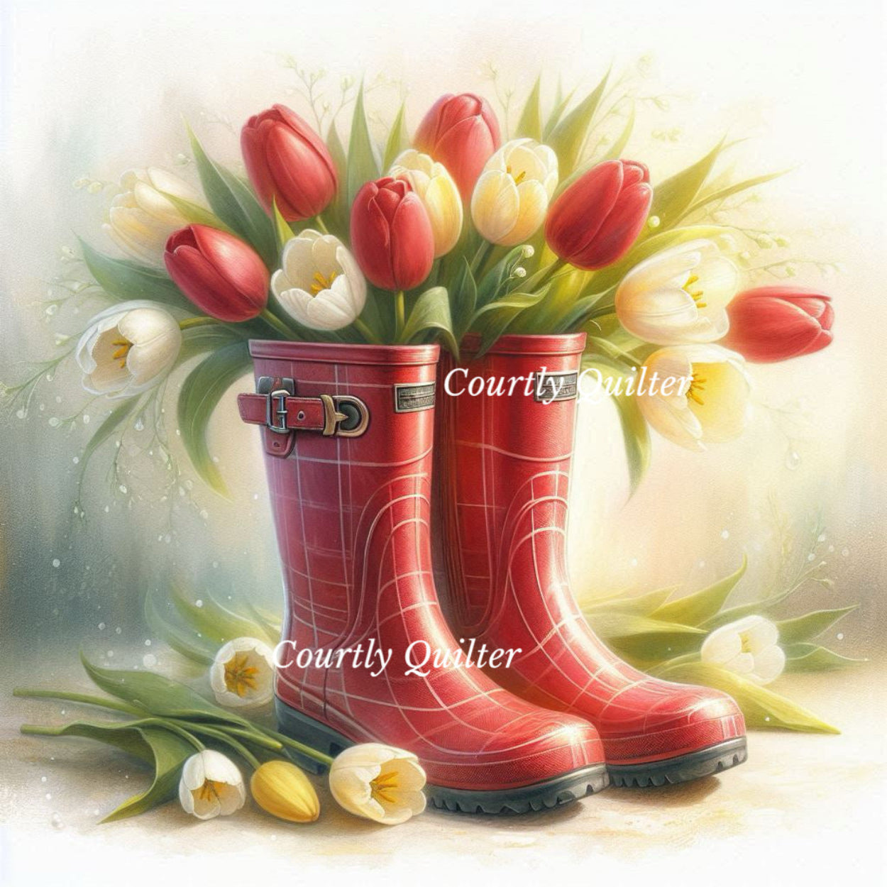 Red rubber Wellie boots with a bouquet of red and white tulips on a light background, Courtly Quilter 