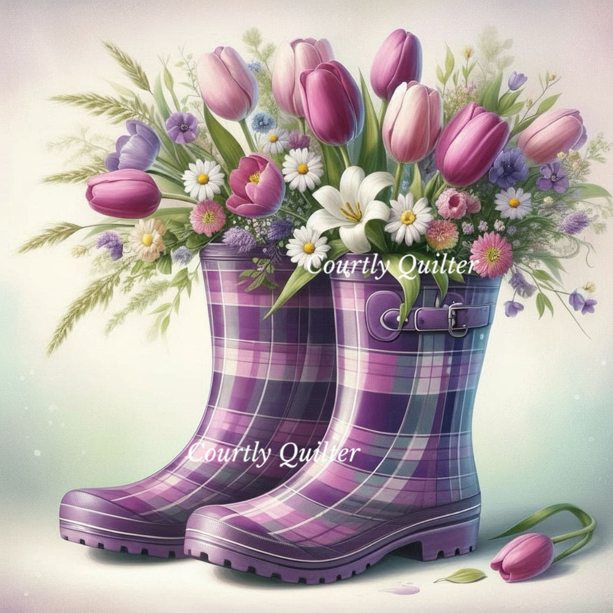Purple plaid Wellie rain boots filled with spring flowers on a light background, Courtly Quilter