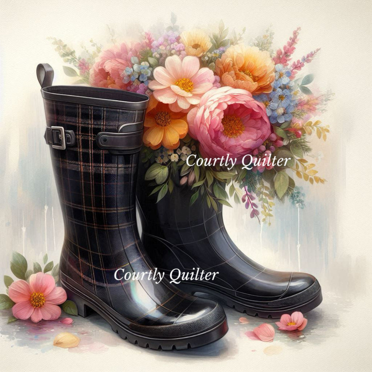 Black checkered Wellie rain boots with a colorful floral arrangement on a light background, Courtly Quilter