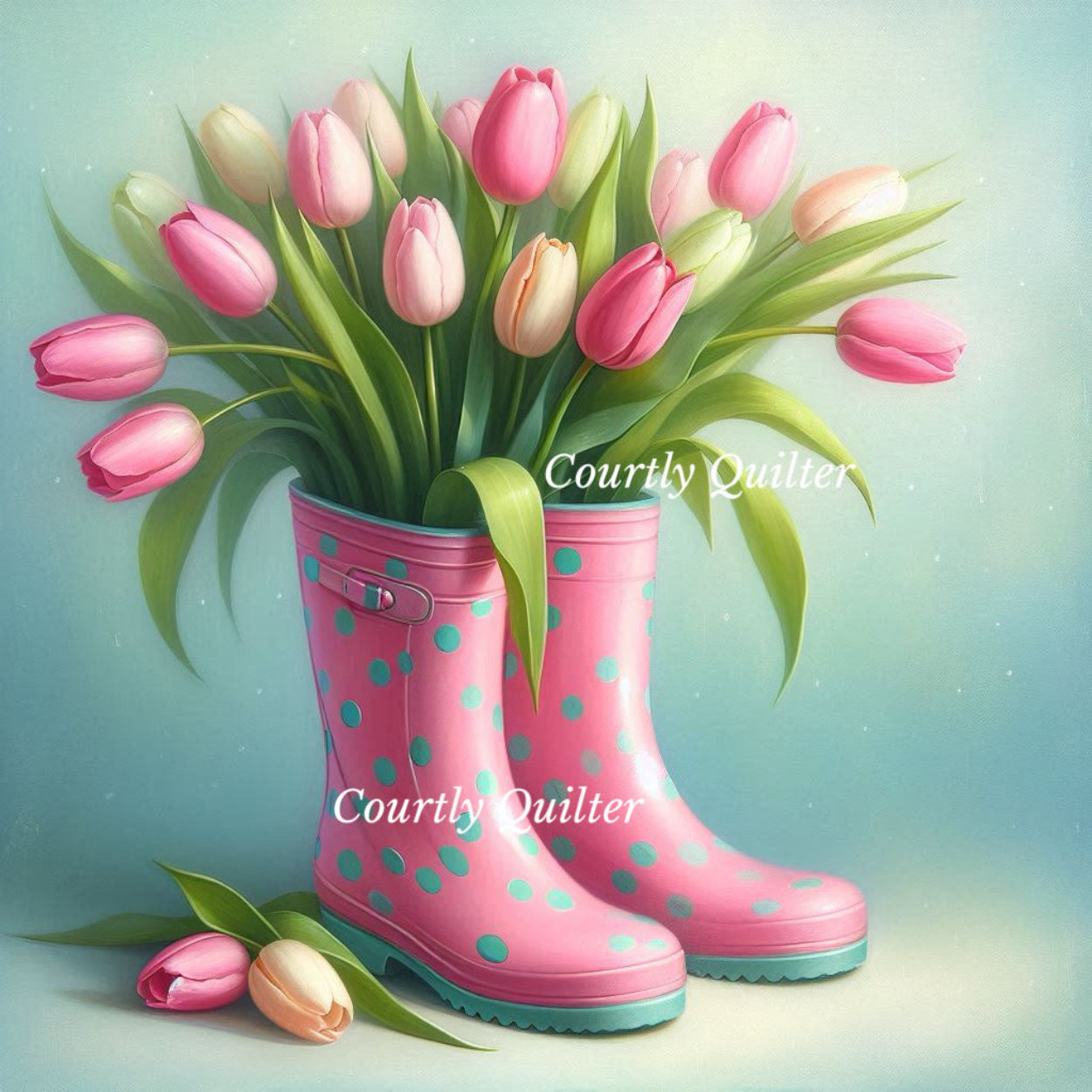 Pink polka dot Wellie rain boots with tulips against a light blue background, Courtly Quilter