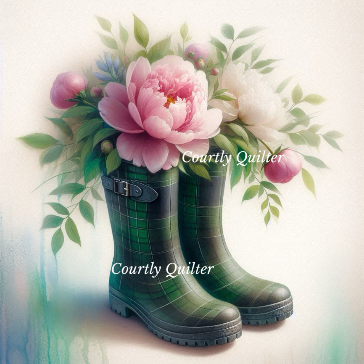 Green plaid Wellie boots with pink flowers and greenery on a light background, Courtly Quilter