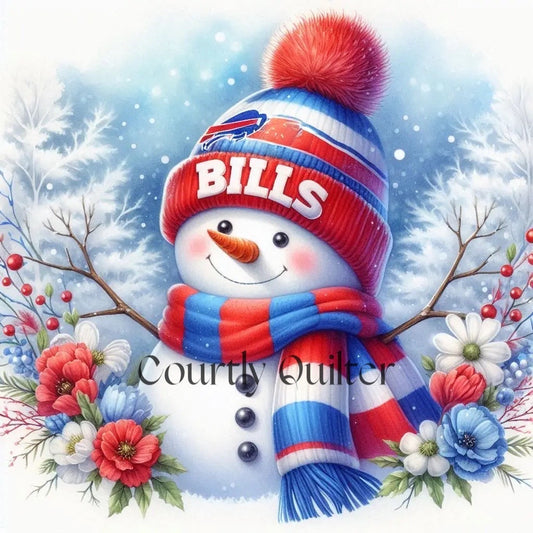 Courtly Quilter snowman wearing a 'Buffalo Bills' hat with floral and winter elements