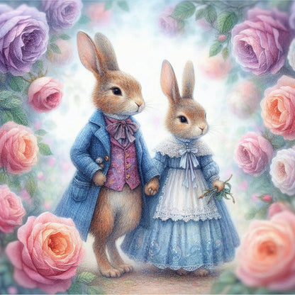 Two bunnies in formal attire surrounded by pink and purple roses, Courtly Quilter