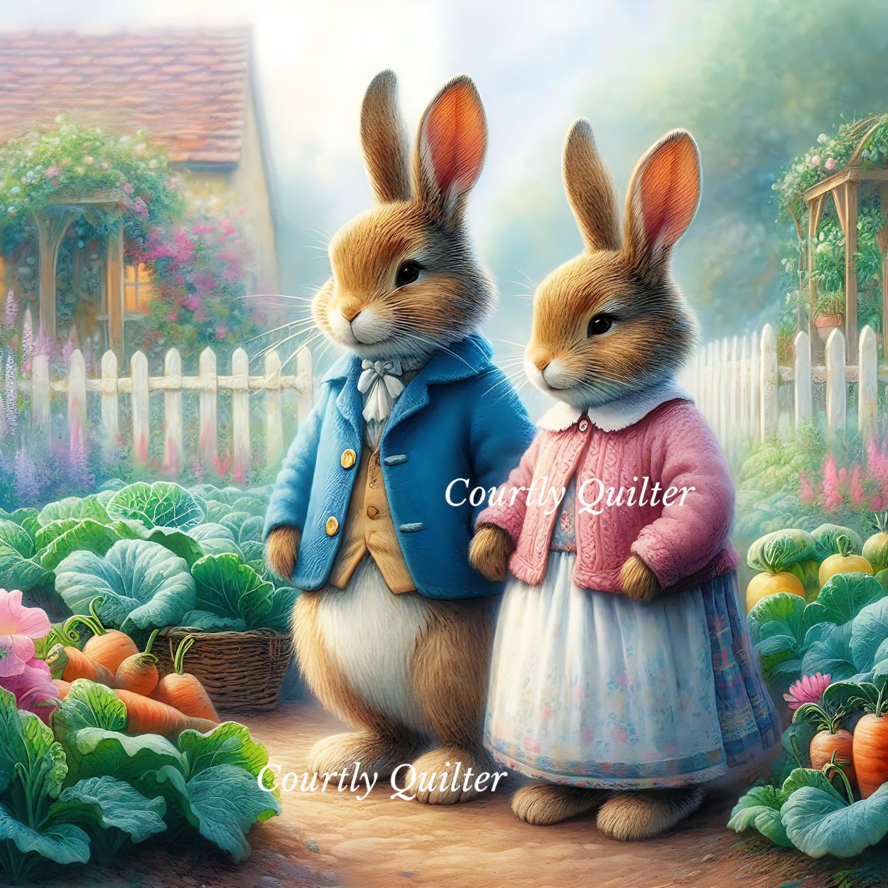 Two bunnies in a garden, he has blue jacket, she has pink sweater, Courtly Quilter