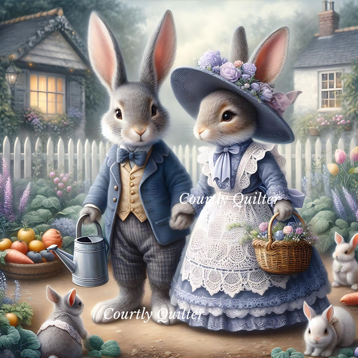 Two bunnies in a garden setting with a house in the background, holding a watering can and a basket, Courtly Quilter