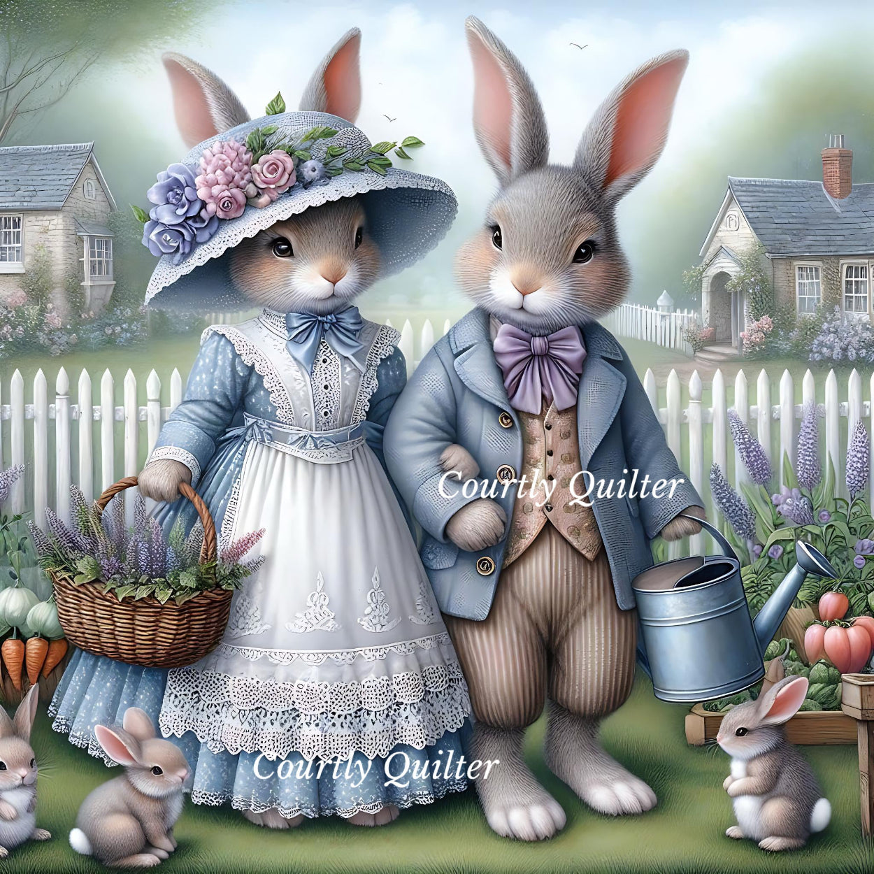 Bunny couple in human-like attire with a garden background and baby bunnies, Courtly Quilter